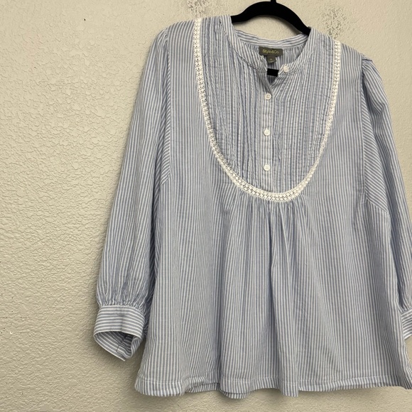 Style & Co Blue Stripe Lace Trim Pintuck Blouse Boho Peasant Top Size XL - Picture 7 of 16